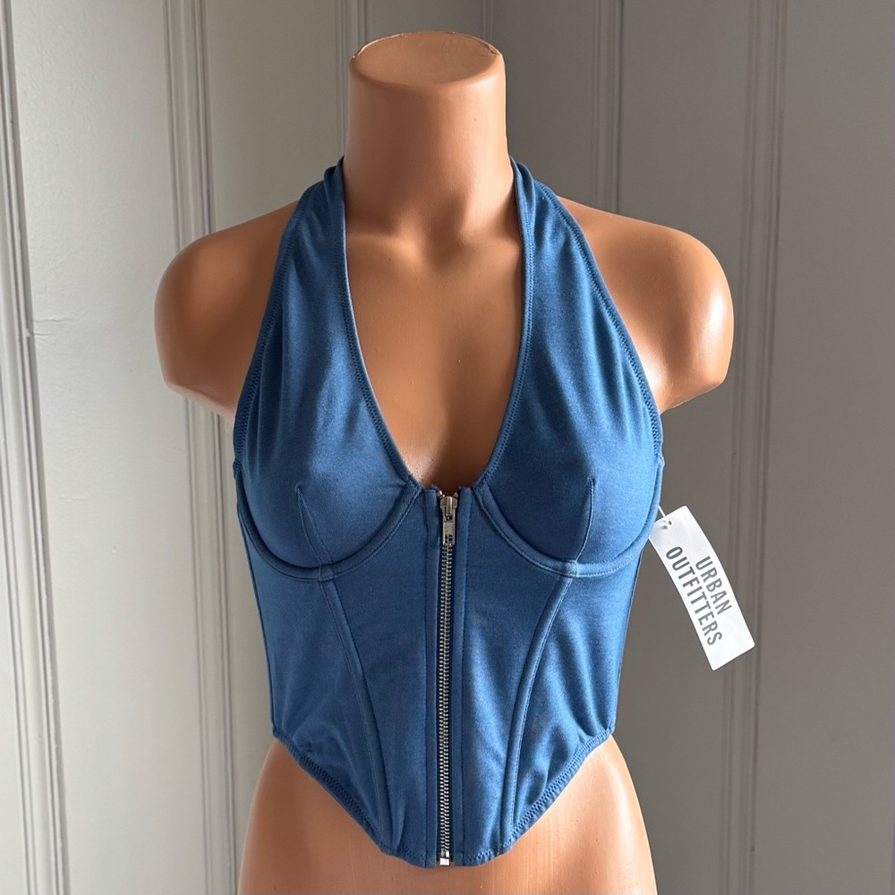 NWT Urban Outfitters Out From Under Hot Stuff Blue Corset Halter Zip up Top M